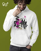 Das Bild zeigt  einen mann, der  einen  unisex  design-hoodie mit der Grafik delete reality trägt.