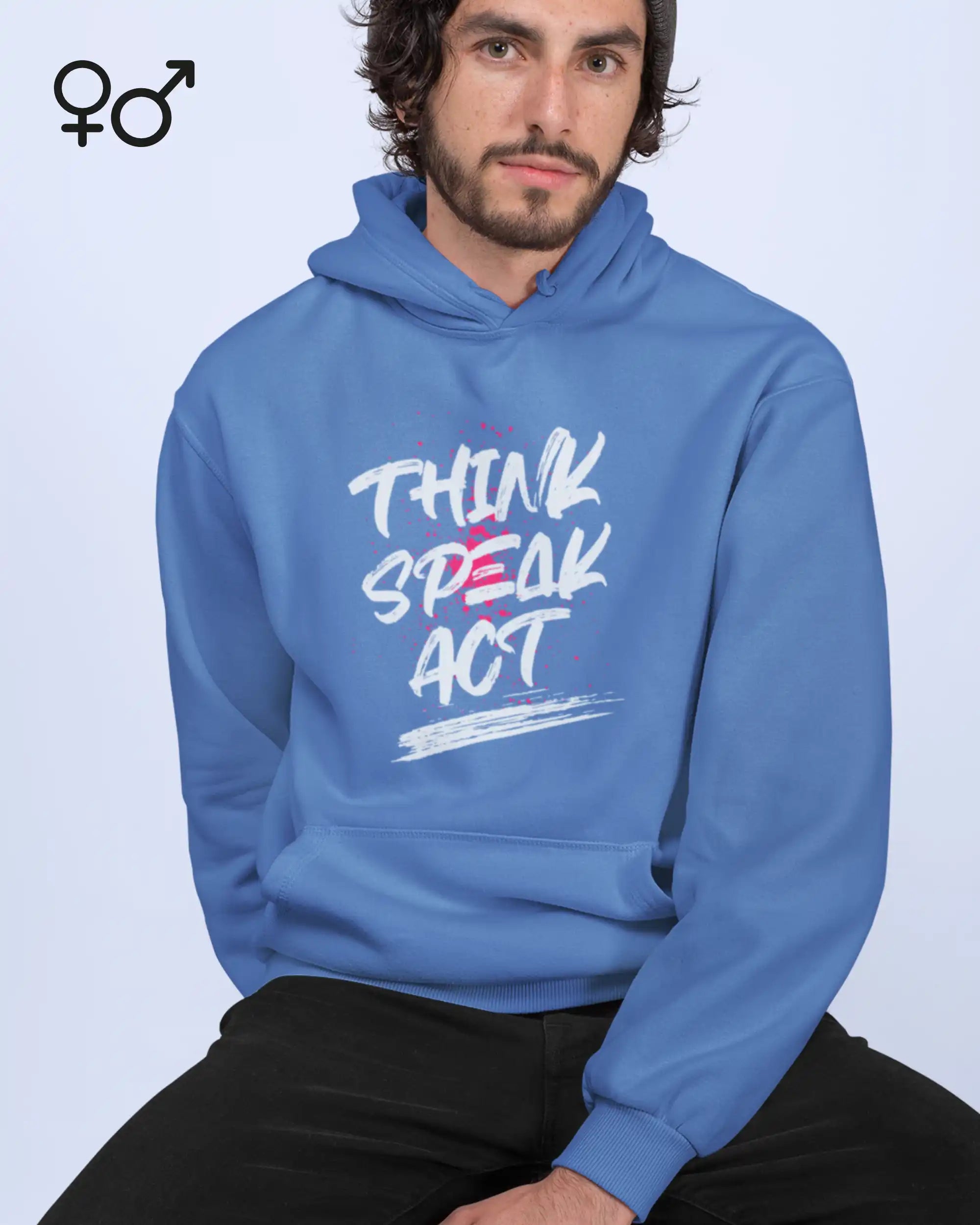 Ein mann trägt ein enunisex design-t-hoodie mit der Grafik think speak act.