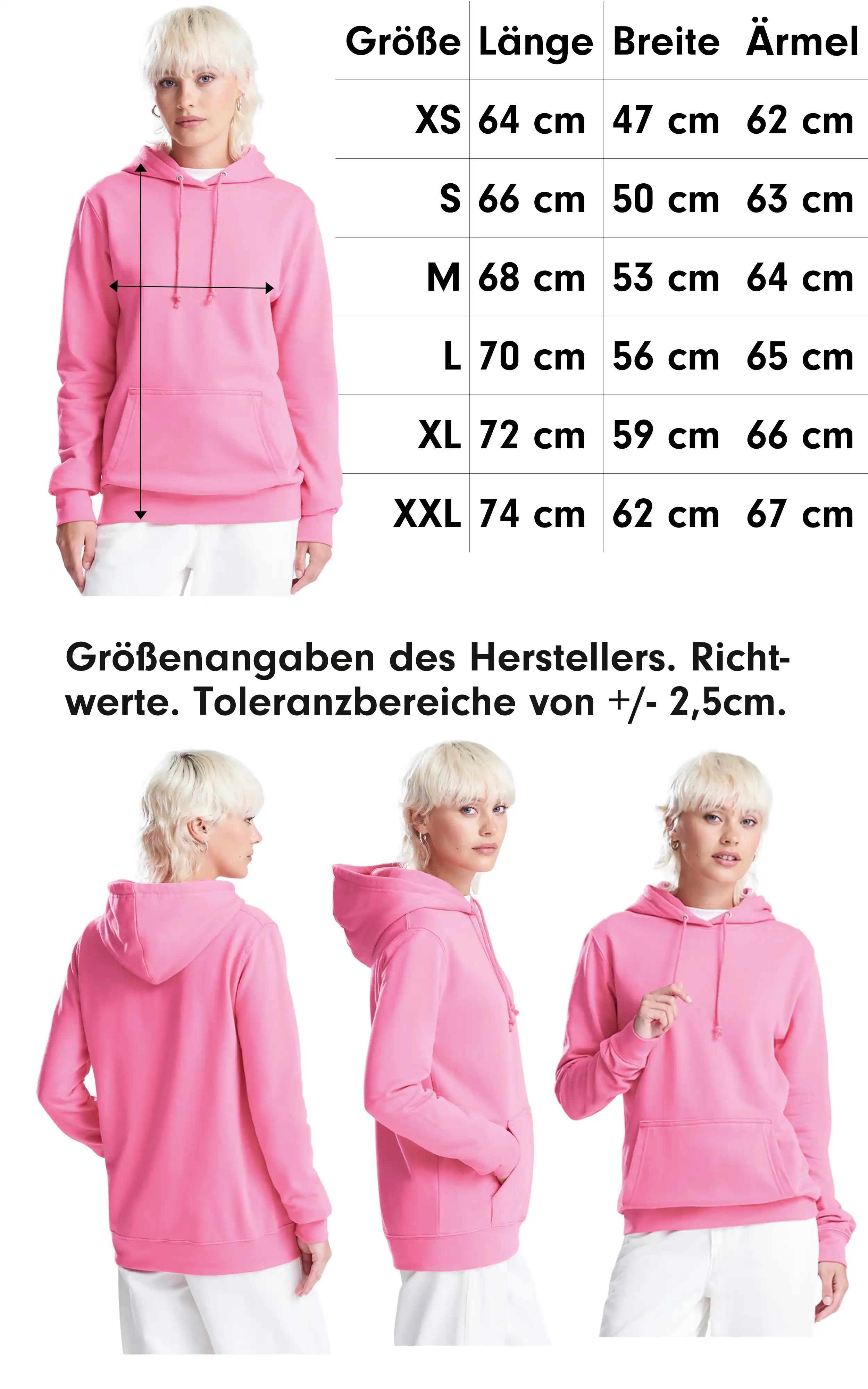 Das Bild zeigt die Größentabelle des Hoodies JH001F an.