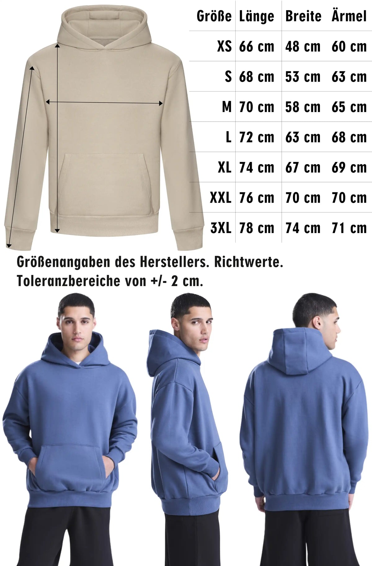 Größentabelle zum JH120 Hoodie