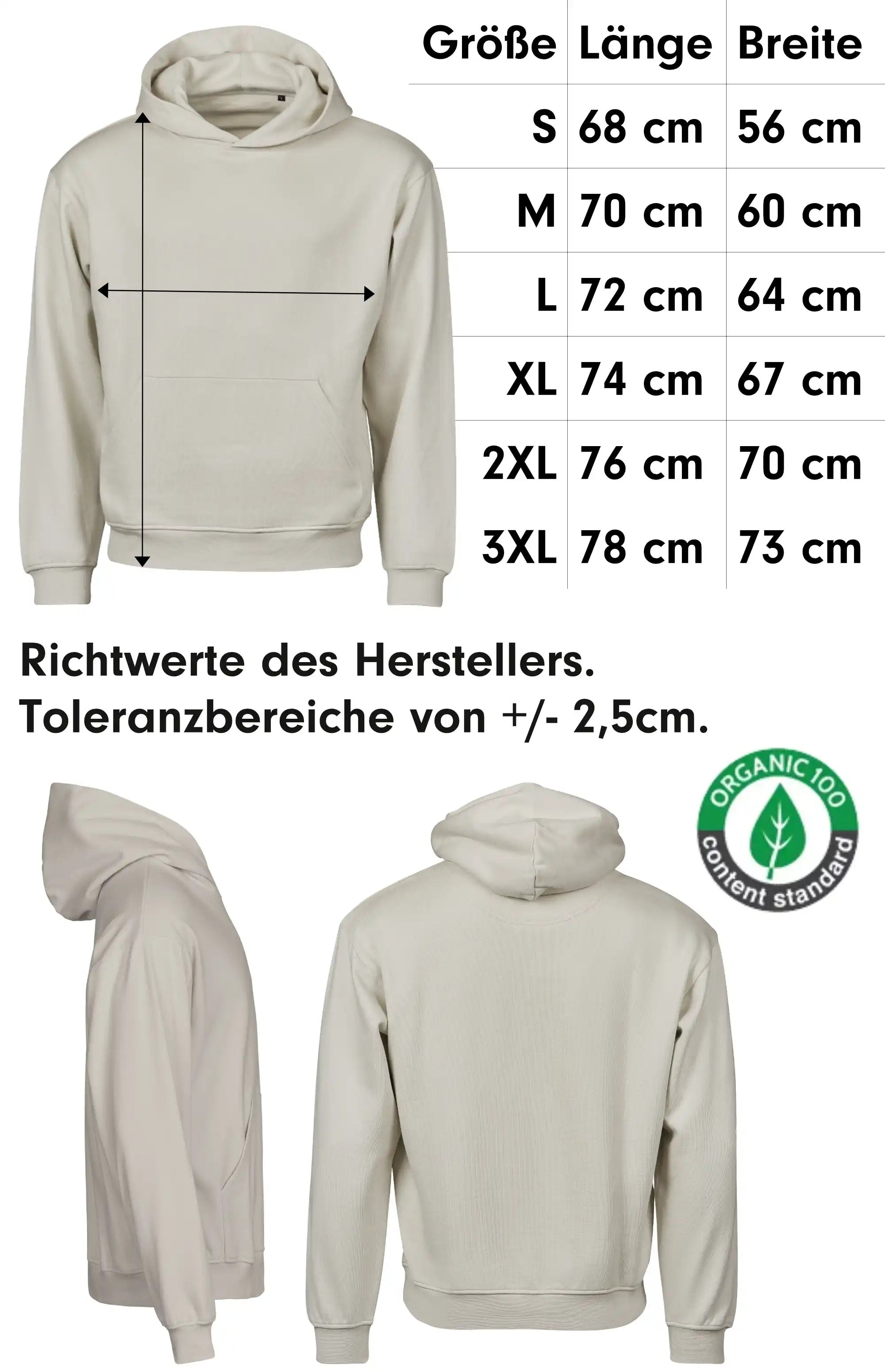 Das Bild zeigt die Größentabelle des Bio DesingsHoodies an.